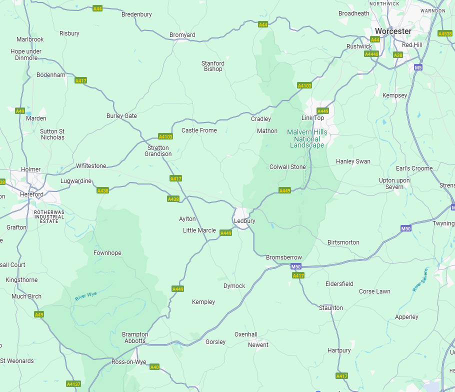 Work Radius Image Work radius image showing Ledbury, Hereford and Worcester areas